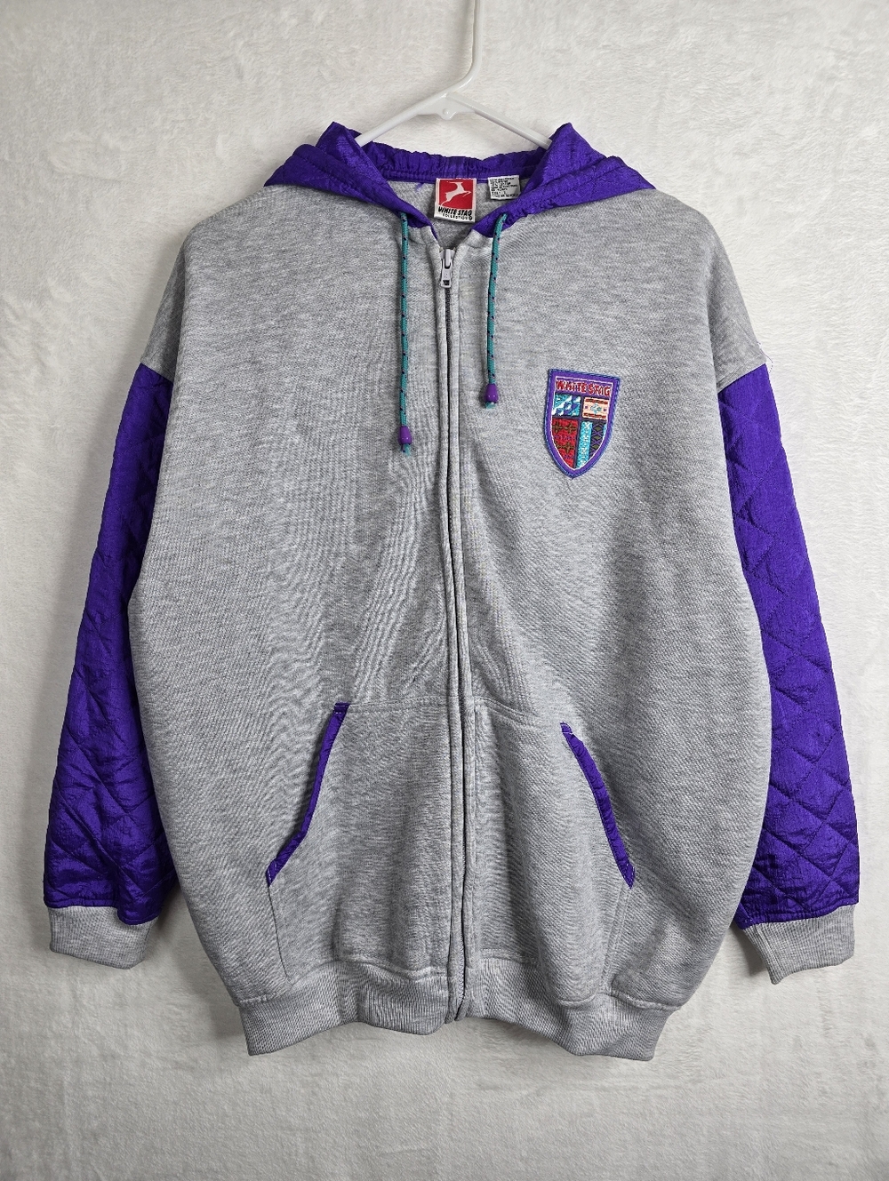 Vintage White Stag Zip Hoodie Purple Colorblock Quilted Sleeves 90s Size L
